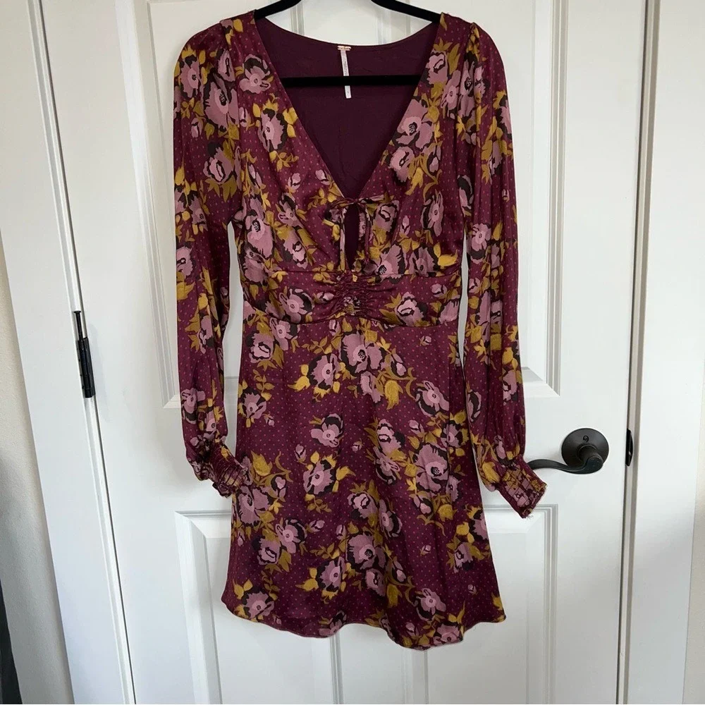 Free People Morning Light Minidress Purple Floral Long‎ Sleeve Size 8